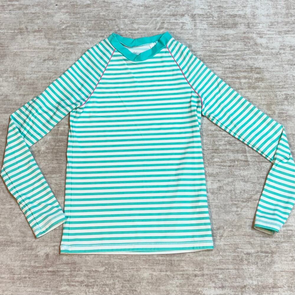 Boden Girls 13 14 Green White Striped Swimsuit Top Rash guard Sun Safe UPF 40+
